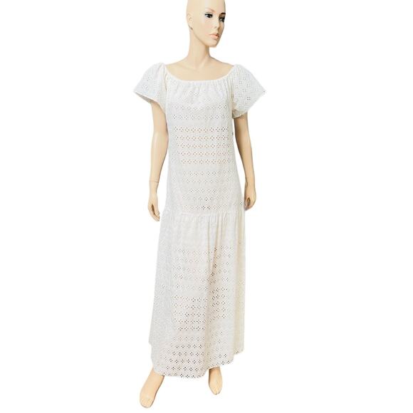 Natural Rough Cotton Off-white Eyelet Maxi Dress Size Fit L Slit on Both Sides - Picture 6 of 15